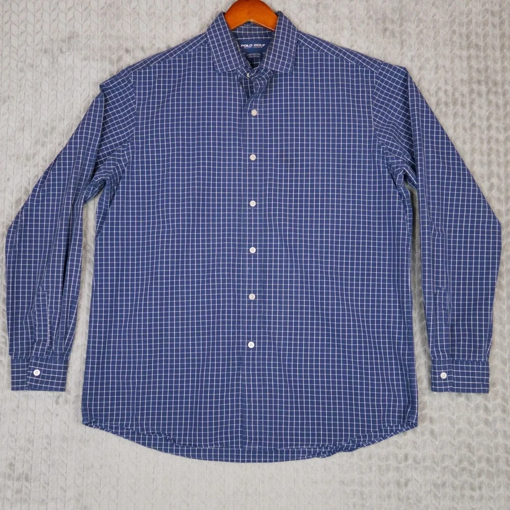 Polo Golf Ralph Lauren Shirt Mens L Blue Windowpane Check Westerton Cotton L/S